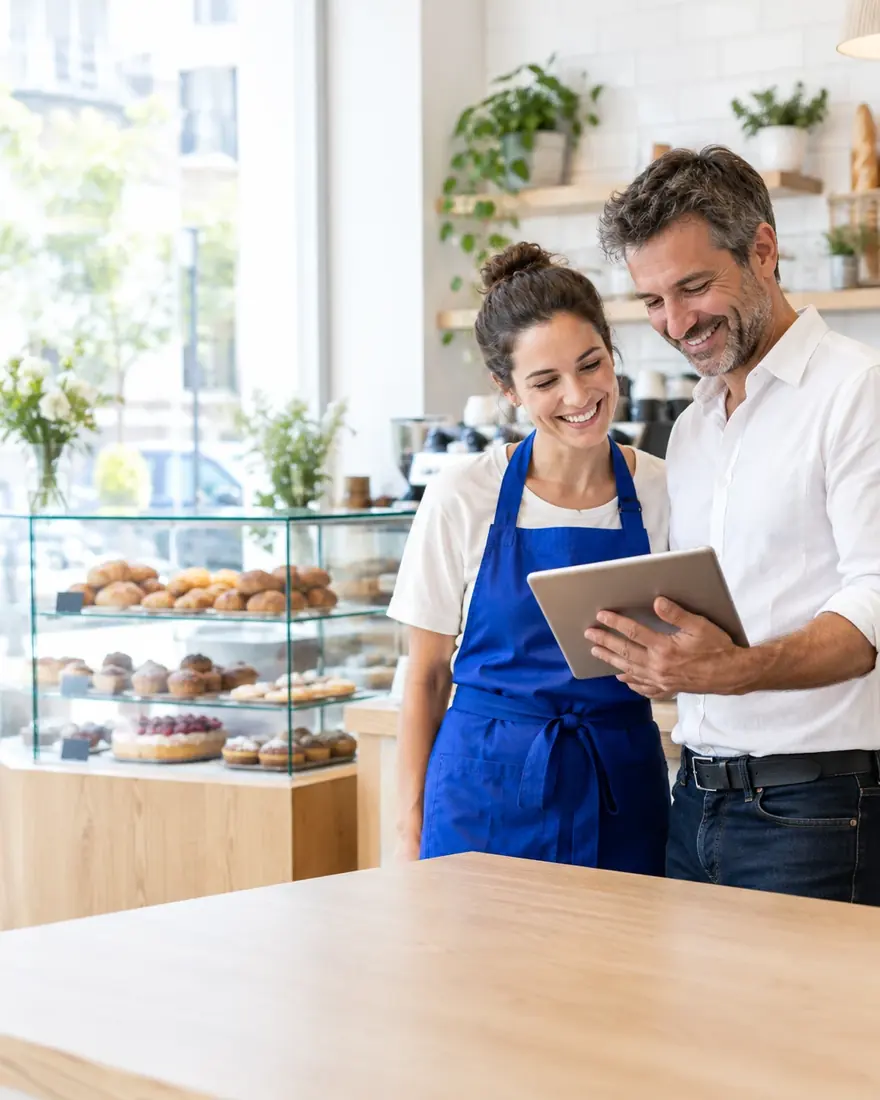 Café-bakery owners in London smiling at a tablet behind their counter