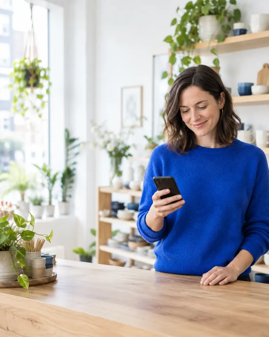 Independent homeware shop owner in London checking her phone
