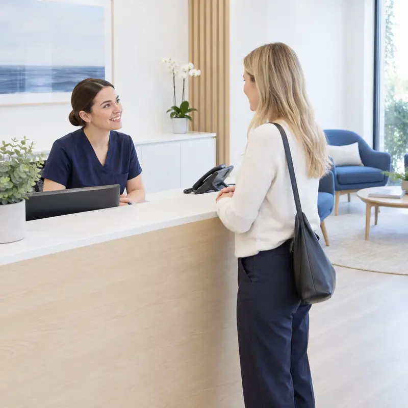 Bright UK clinic reception with a relaxed receptionist greeting a patient
