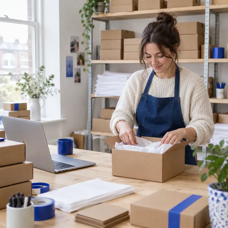 Small e-commerce founder packing customer orders in a bright studio