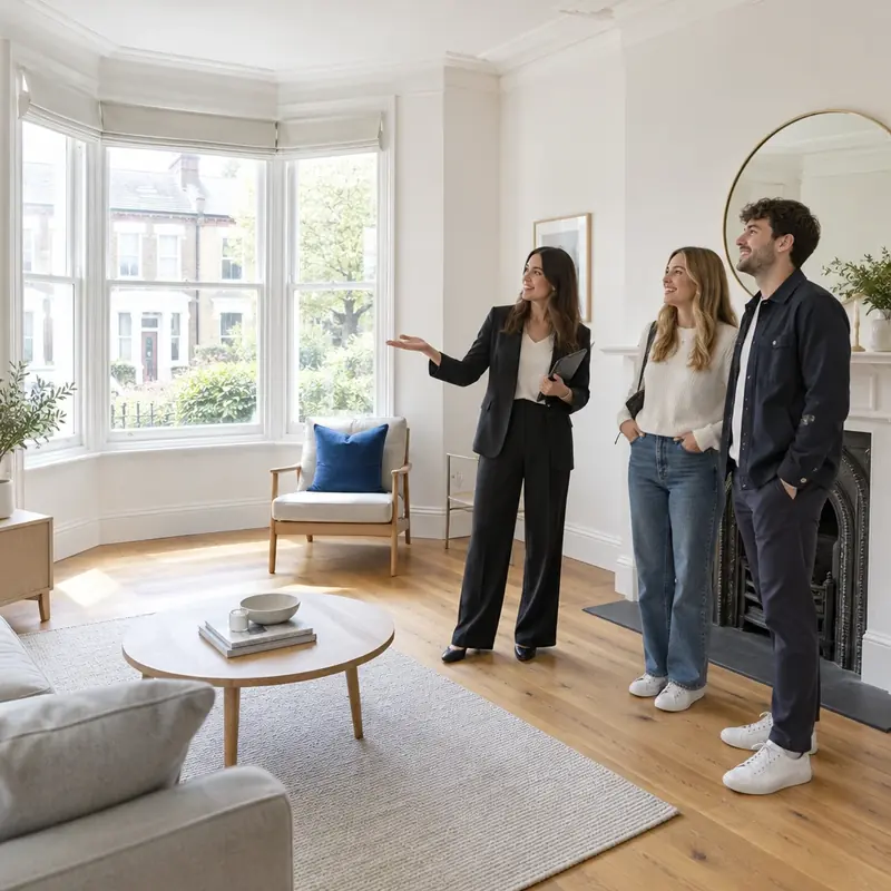 Estate agent showing a young couple around a bright Victorian living room in London