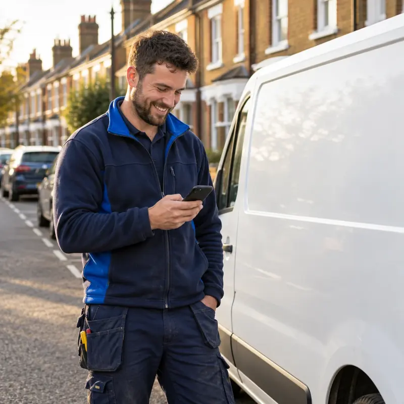 UK electrician beside his van on a terraced street checking his phone